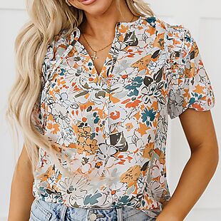 Puff-Sleeve Flower Blouse $25 Shipped