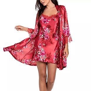 2pc Floral Satin Chemise & Robe Set $31