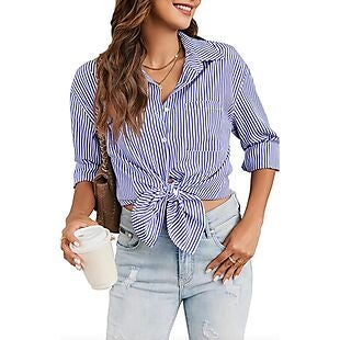 Women's Striped Button-Down Shirt $9