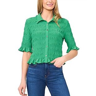 CeCe Smocked Elbow-Sleeve Shirt $30